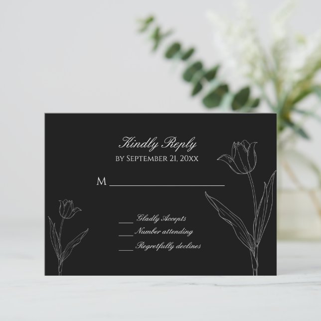 Black and White Minimalist Tulip Wedding RSVP Card (Standing Front)