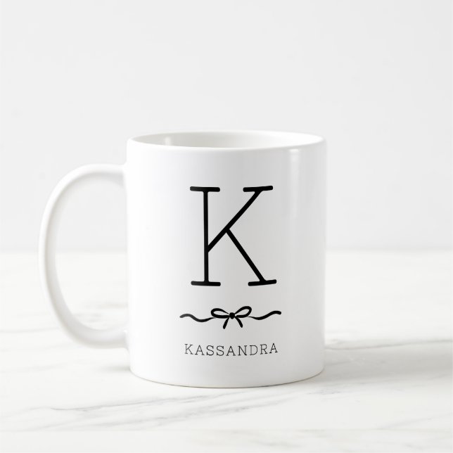 Black and White Minimalist Typography Bow Monogram Coffee Mug (Left)