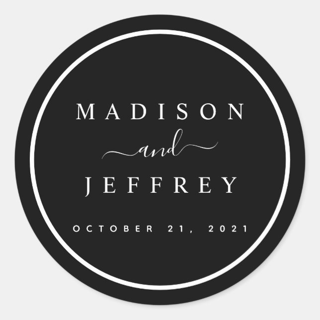 Black and White Minimalist Wedding Classic Round Sticker (Front)