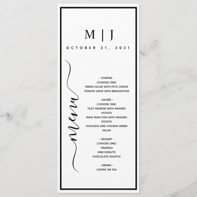 Black and White Minimalist Wedding Menu (Front)