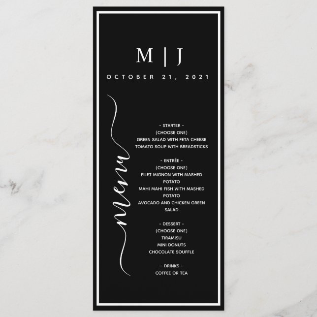 Black and White Minimalist Wedding Menu (Front)