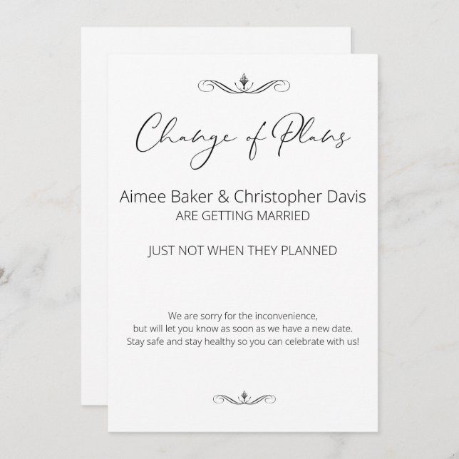 Black and White Minimalist Wedding Postponed Invitation (Front/Back)