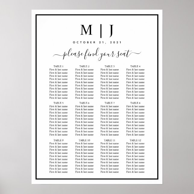 Black and White Minimalist Wedding Seating Chart (Front)