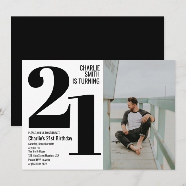 Black and White Modern 21st Birthday Party Photo Invitation (Front/Back)