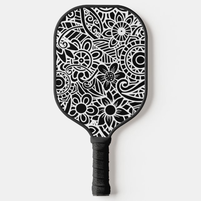 Black and White Modern Abstract Floral Hawaiian Pickleball Paddle (Front)