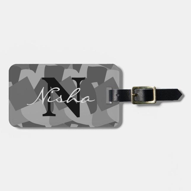Black and White Modern Abstract Monogram Luggage Tag (Front Horizontal)