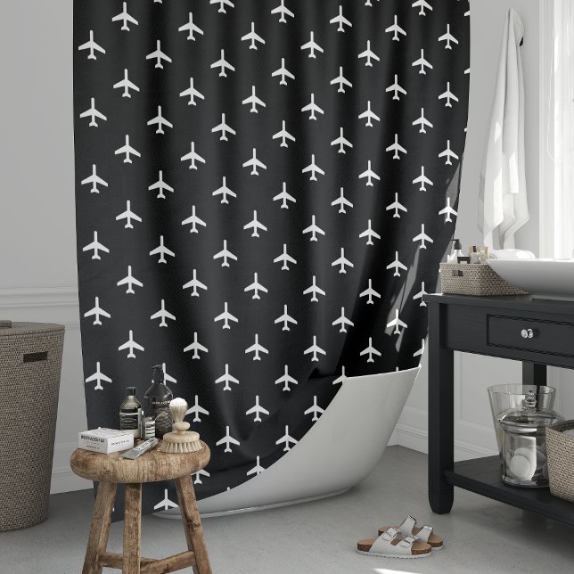 Black and White Modern Aeroplanes Pilot Shower Curtain (Creator Uploaded)