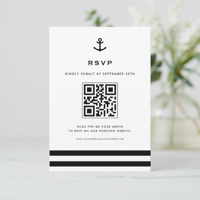 Black and White Modern Anchor Nautical QR Code RSVP Card (Standing Front)