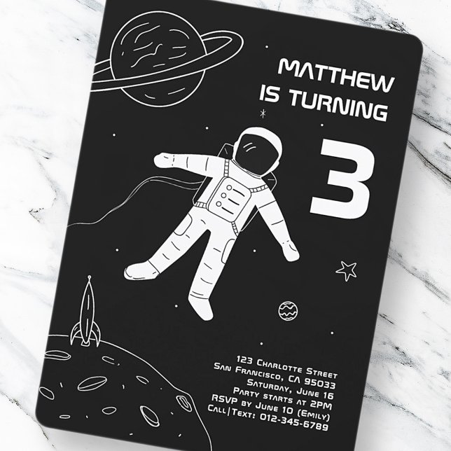 Black and White Modern Astronaut Space Birthday Invitation (Creator Uploaded)