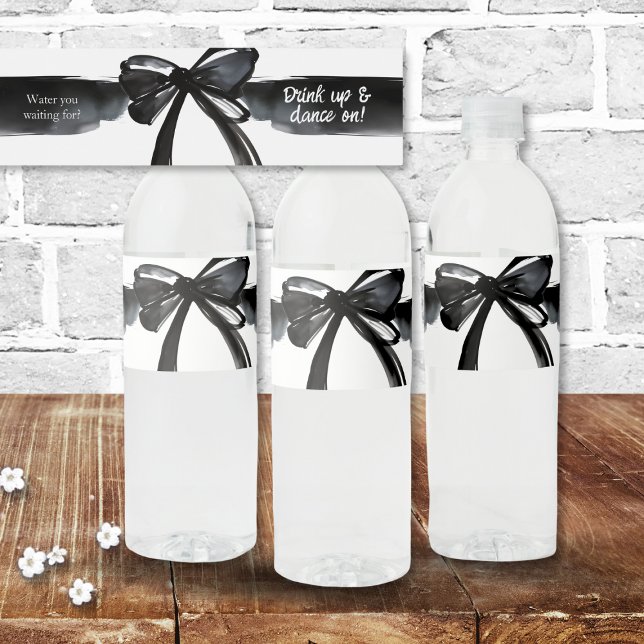 Black and White Modern Bow Water You Waiting For? Bottle Label (Black white watercolor ribbon bow water bottle labels wedding bar decor ceremony trendy chic elegant)