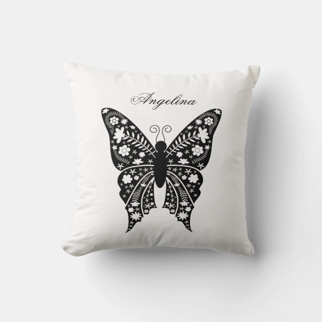 Black and White Modern Butterfly Name Cushion (Front)