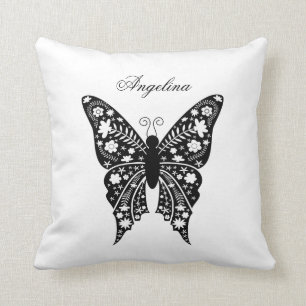 Black and White Modern Butterfly Name Cushion