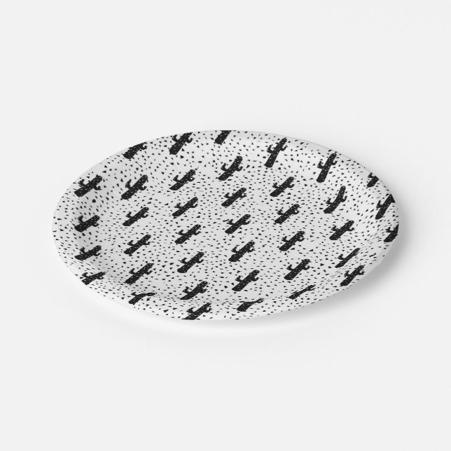 Black and White Modern Cactus and Triangle Geo Paper Plate (Angled)