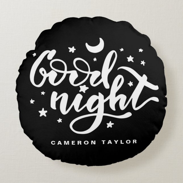 Black and White Modern Calligraphy Good Night Round Cushion (Front)