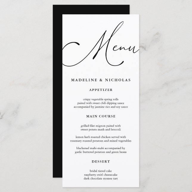 Black And White Modern Calligraphy Wedding Menu (Front/Back)