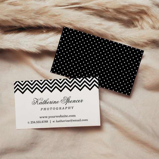 Black and White Modern Chevron and Polka Dots Business Card (Creator Uploaded)