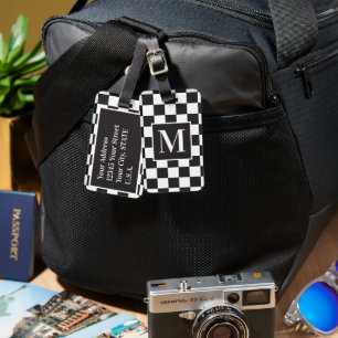 Black And White Modern Chic Chequerboard Monogram Luggage Tag