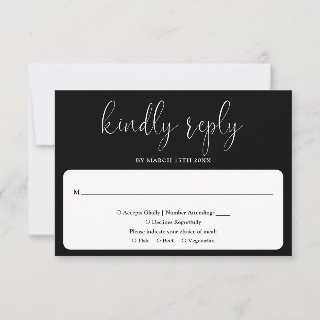 Black And White Modern Chic Elegant Script Wedding RSVP Card (Front)