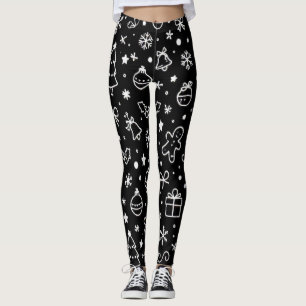 Black and White Modern Christmas Doodle Leggings