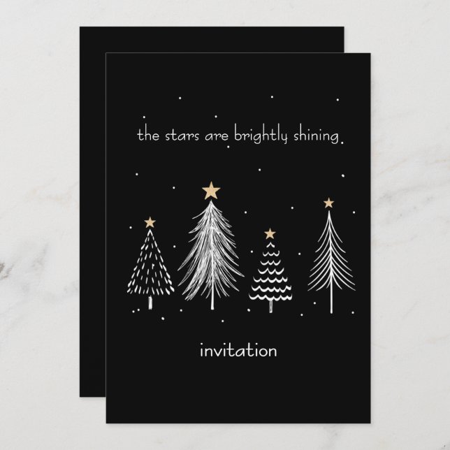 Black and White Modern Christmas Tree Gold Stars Invitation (Front/Back)