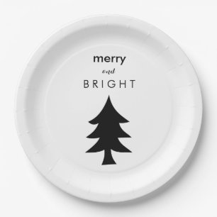 Black and White Modern Christmas Tree Paper Plate