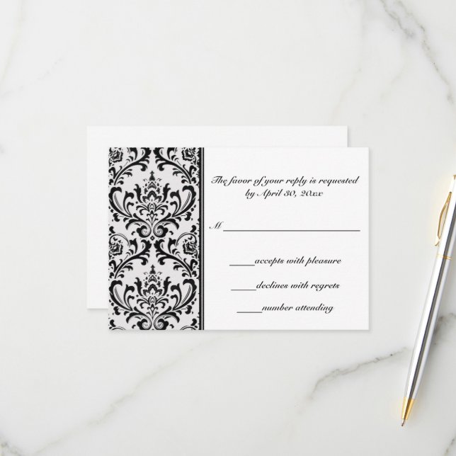 Black and White Modern Damask | Wedding RSVP Card (Front/Back In Situ)