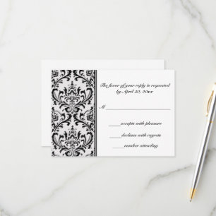 Black and White Modern Damask   Wedding RSVP Card