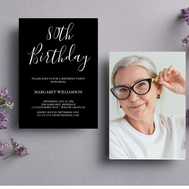 Black and White Modern Elegance  80th Birthday  Invitation (Creator Uploaded)