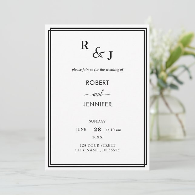 Black and White Modern Elegance Border Wedding Invitation (Standing Front)
