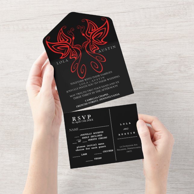 Black and White Modern Elegance Wedding RED All In One Invitation (Tearaway)