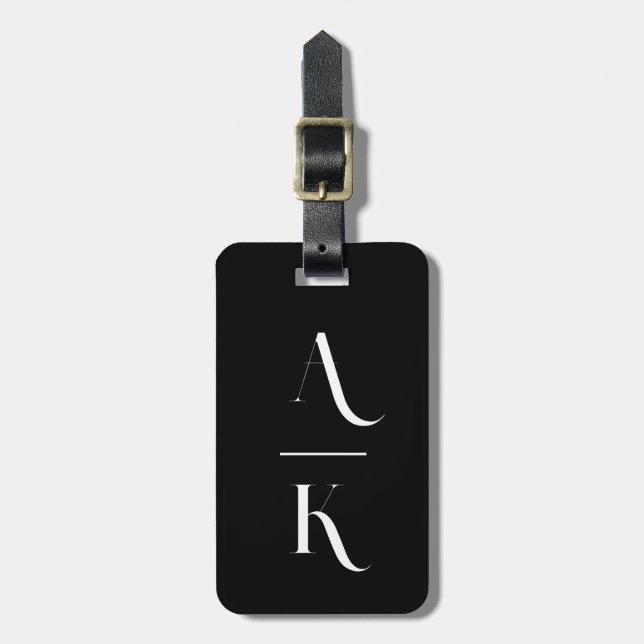 Black and white modern elegant monogram luggage tag (Front Vertical)