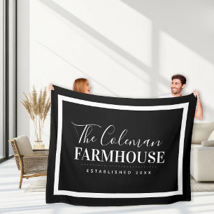 Black and White Modern Farmhouse Family Monogram Fleece Blanket