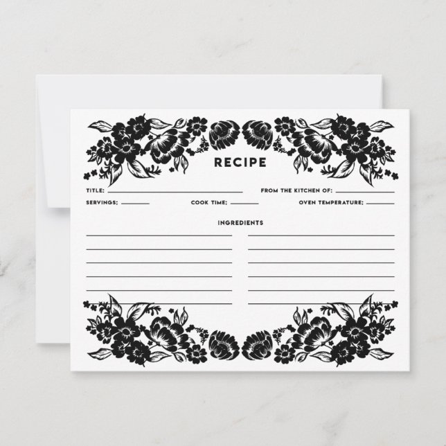Black and White Modern Floral Accent Recipe Card (Front)