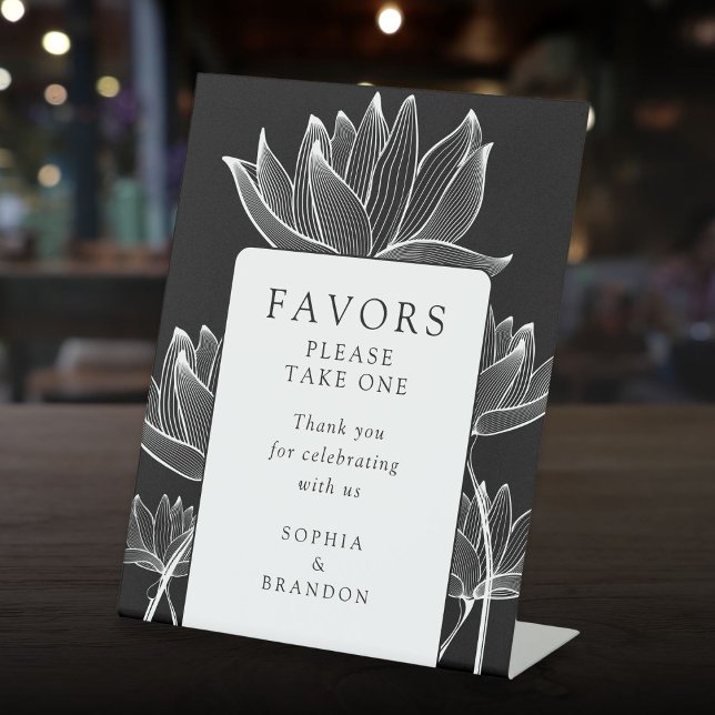 Black And White Modern Floral Favours Pedestal Sign (Black And White Modern Floral Favors Pedestal Sign)