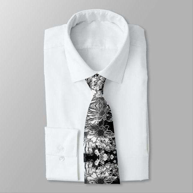 Black and White Modern Floral Flower Print Tie (Tied)