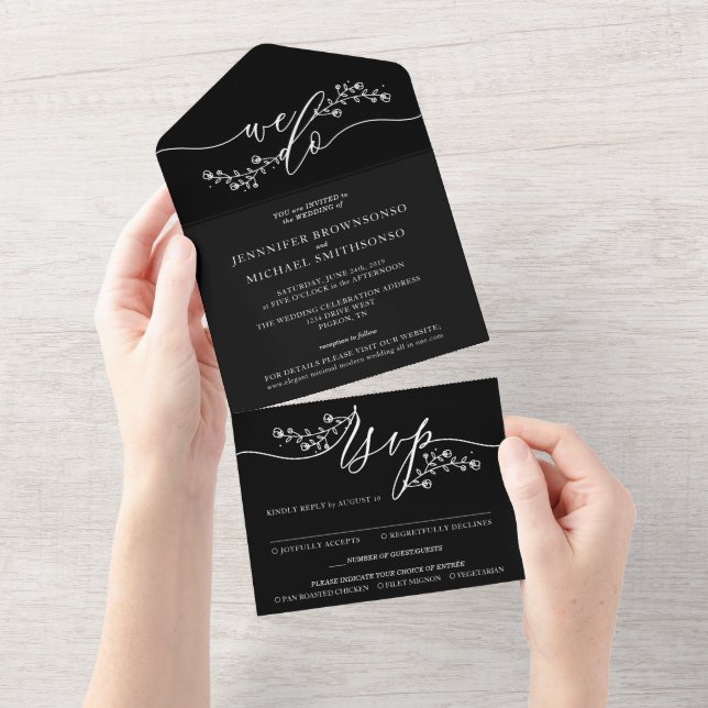 Black and White Modern Floral Script Wedding All In One Invitation (Tearaway)