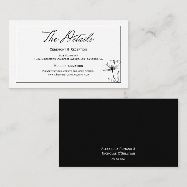 Black and White Modern Floral Wedding Details  Enclosure Card (Front/Back)