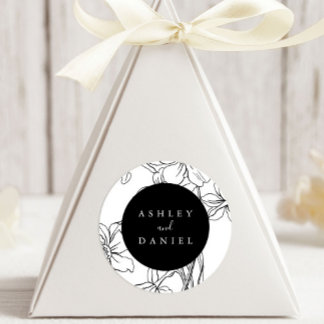 Black and White Modern Floral Wedding Favour Classic Round Sticker