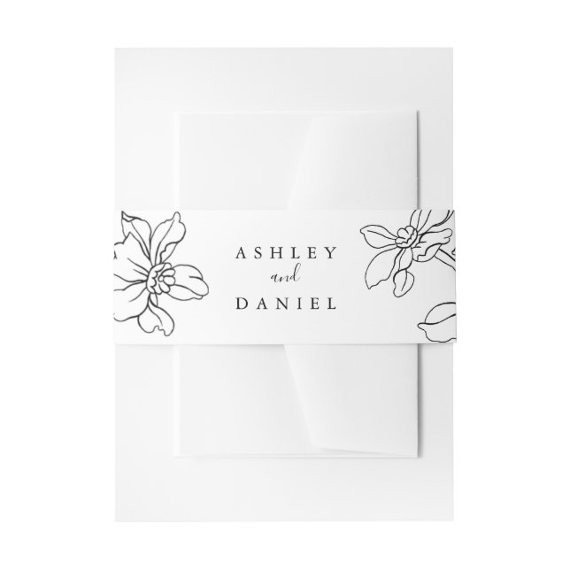 Black and White Modern Floral Wedding Invitation Belly Band (Front Example)