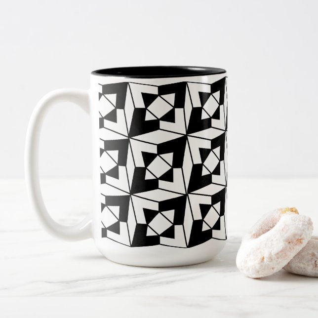 Black and White Modern Geometric Pattern Two-Tone Coffee Mug (With Donut)