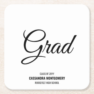 Black and White Modern Graduation Party Square Paper Coaster