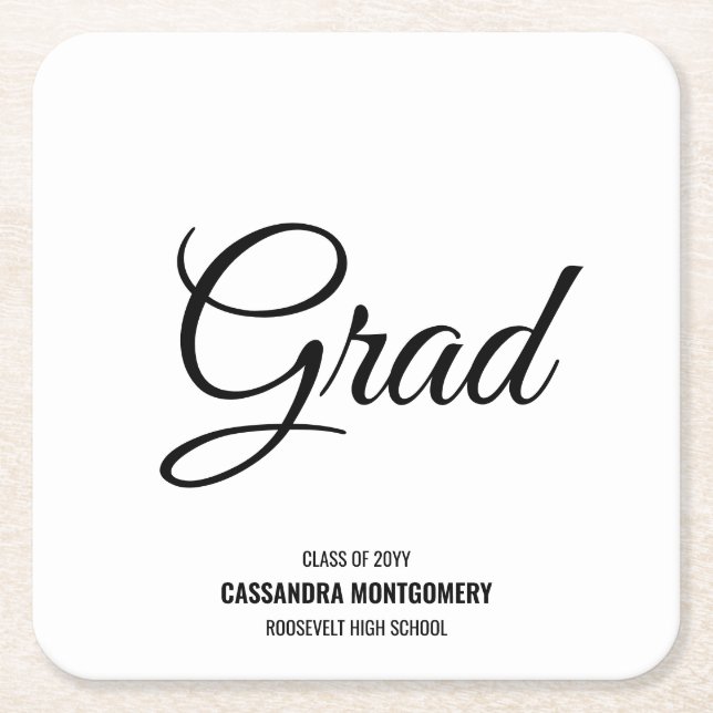 Black and White Modern Graduation Party Square Paper Coaster (Front)