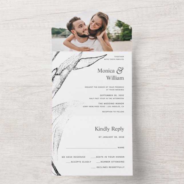Black and white modern graphic leafage wedding all in one invitation (Inside)