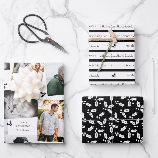 Black and White Modern Holly Sprig Wrapping Paper Sheet (Front)