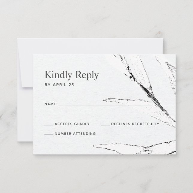 Black and white modern leafage graphic wedding RSVP card (Front)