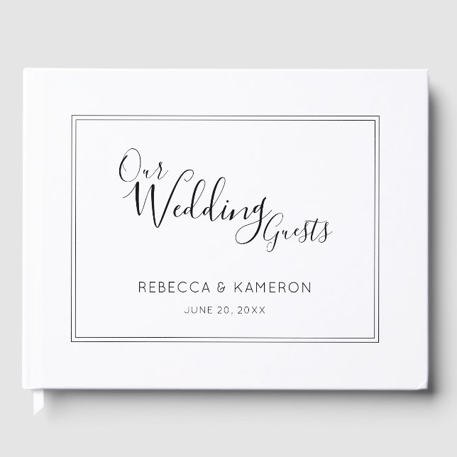 Black and White Modern Minimal Calligraphy Wedding Guest Book (Front)