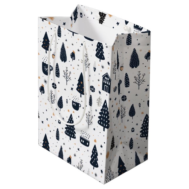 Black and White Modern Minimal Christmas Holiday Medium Gift Bag (Back Angled)