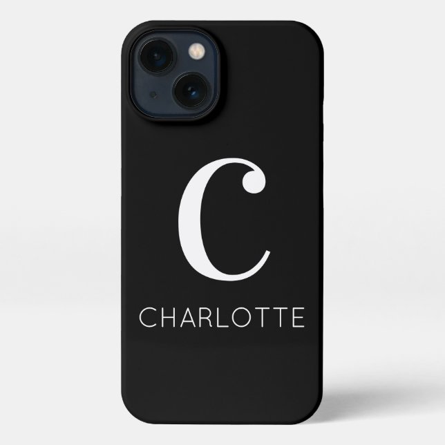 Black and white modern minimal monogram name iPhone case (Back)