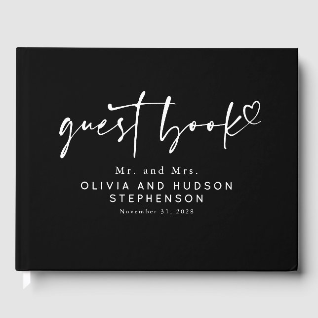 Black and White Modern Minimalist Elegant Wedding Guest Book (Front)