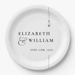 Black And White Modern Minimalist Monogram Wedding Paper Plate